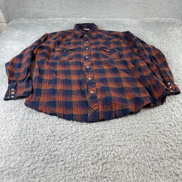 Wrangler Other - Wrangler Mens XL Plaid Long Sleeve Button Up Shirt Orange Navy Blue Flannel